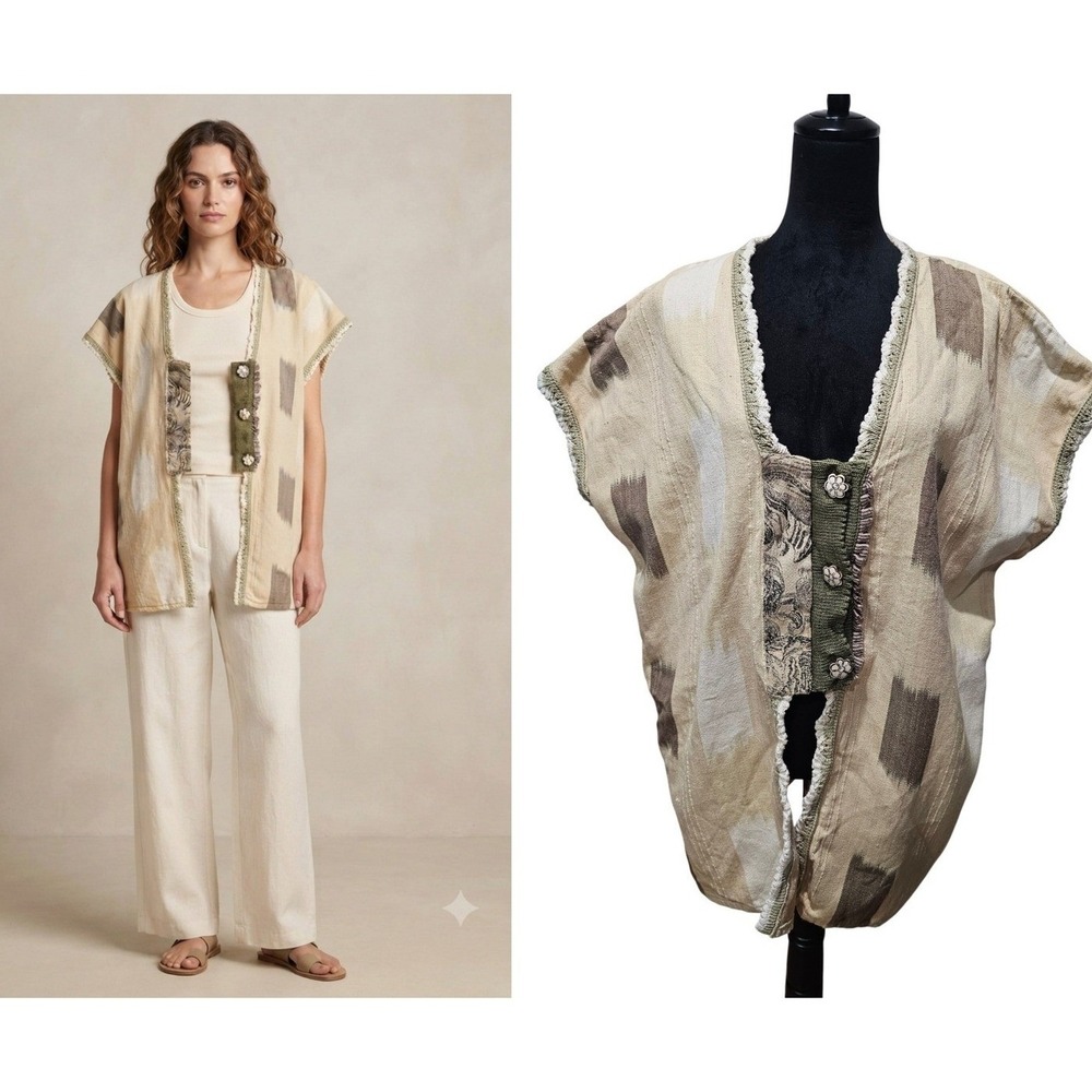 Veranda Wear Vest Womens OS Beige Ikat Handwoven Cotton Crochet Trim GRANOLA